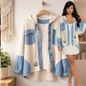POL Cream Blue Denim Color Block Waffle Knit Boho Hooded Shacket SMALL Overdized
